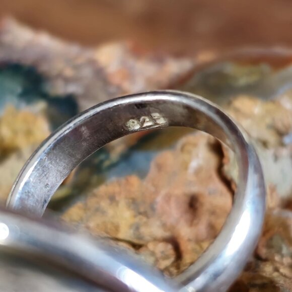 VTG Sterling Silver Feathered Jasper Cabochon Ring Size 7 Bezel Setting Statemen - Picture 7 of 8